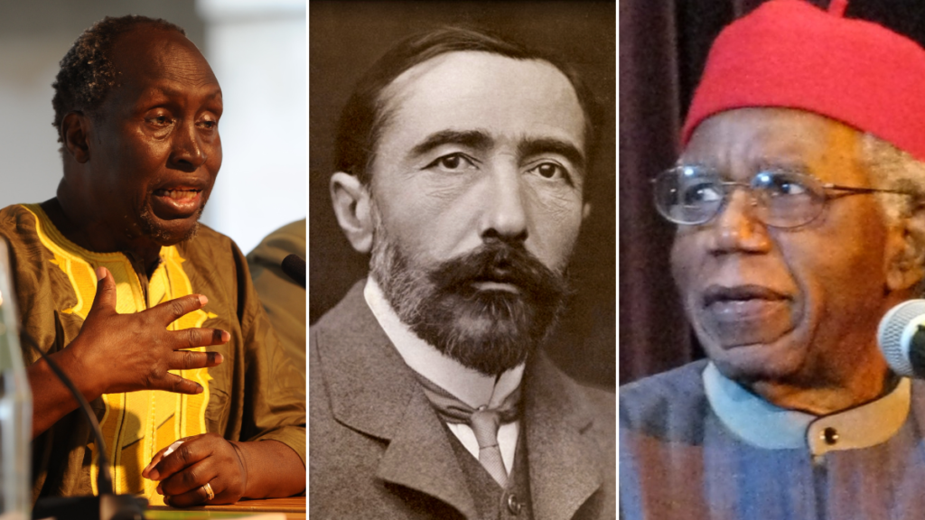 Portrettfoto: Ngũgĩ wa Thiong’o, Jospeh Conrad og Chinua Achebe