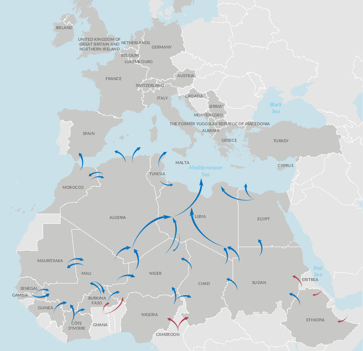 Kart: Migrasjonsrutene til og over Middelhavet.